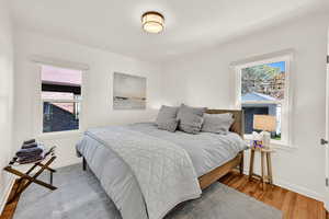 Bedroom featuring multiple windows and hardwood / wood-style flooring