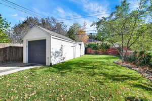 Garage with a lawn