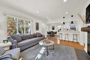 Living room featuring light hardwood / wood-style flooring and a fireplace