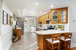 Kitchen with kitchen peninsula, stainless steel appliances, a tray ceiling, sink, and a breakfast bar