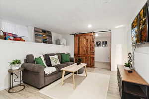 Living room featuring light hardwood / wood-style flooring and a barn door