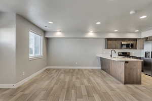 Kitchen with kitchen peninsula, sink, a breakfast bar, appliances with stainless steel finishes, and light hardwood / wood-style floors