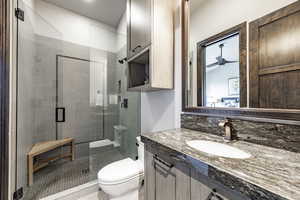 Bathroom with toilet, tile patterned flooring, vanity, and walk in shower