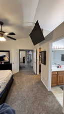 Carpeted bedroom featuring ensuite bathroom, sink, ceiling fan, a spacious closet, and a closet