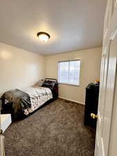 Carpeted bedroom featuring a textured ceiling