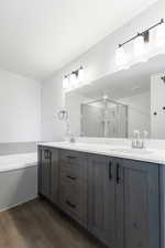 Bathroom with vanity, plus walk in shower, and hardwood / wood-style floors