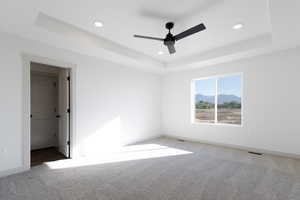 Carpeted spare room with ceiling fan and a raised ceiling