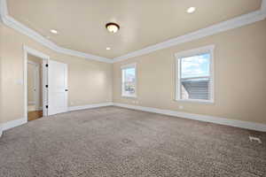 Carpeted empty room with ornamental molding and plenty of natural light