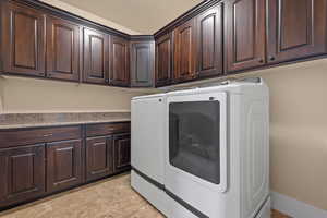 Laundry room with washing machine and dryer and cabinets