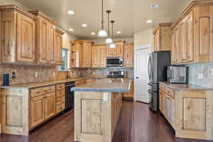 Kitchen with a kitchen island, appliances with stainless steel finishes, decorative light fixtures, and dark hardwood / wood-style flooring