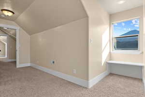 Bonus room with lofted ceiling and carpet