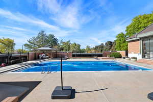 View of swimming pool featuring a patio and a gazebo