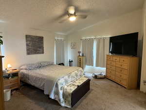 Bedroom with a textured ceiling, dark carpet, and ceiling fan