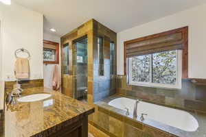 Bathroom with vanity and separate shower and tub