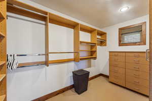 Spacious closet with light carpet