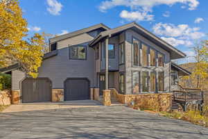 Modern home featuring a garage