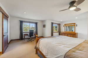 Bedroom featuring light carpet, multiple windows, a closet, and ceiling fan