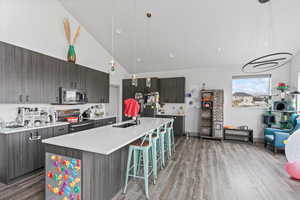 Kitchen with decorative light fixtures, light hardwood / wood-style floors, stainless steel appliances, and a kitchen island with sink