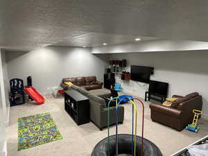 Carpeted living room with a textured ceiling