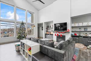 Living room with wood-type flooring, high vaulted ceiling, and a wealth of natural light