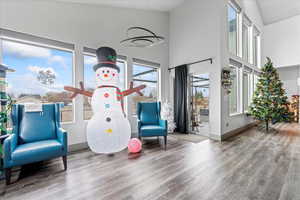 Recreation room featuring hardwood / wood-style floors and high vaulted ceiling