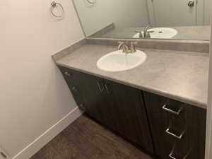 Bathroom with vanity and wood-type flooring