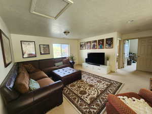 Carpeted living room with a textured ceiling