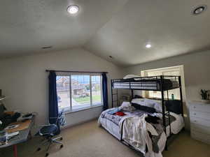 Carpeted bedroom with lofted ceiling and a textured ceiling