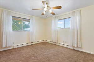 Bedroom featuring ceiling fan, carpet floors, and plenty of natural light