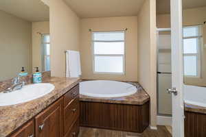 Bathroom with vanity, hardwood / wood-style flooring, and plus walk in shower