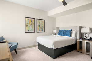 Bedroom with light carpet and baseboards