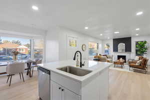 Kitchen featuring a center island with sink, stainless steel dishwasher, light hardwood / wood-style flooring, a fireplace, and sink