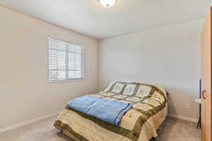 Bedroom featuring light carpet