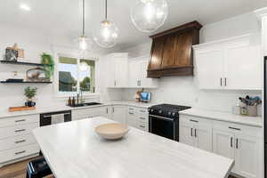 Kitchen featuring hardwood / wood-style floors, white cabinets, custom range hood, sink, and stainless steel appliances