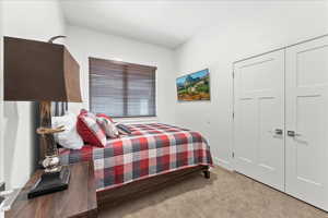 Bedroom with light carpet and a closet