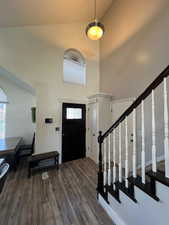 Foyer with a healthy amount of sunlight, high vaulted ceiling, and LVP flooring