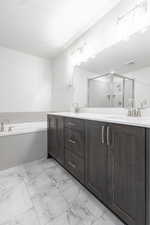 Bathroom featuring vanity, a textured ceiling, and plus walk in shower