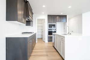 Kitchen with light hardwood / wood-style flooring, a kitchen island with sink, stainless steel appliances, and sink