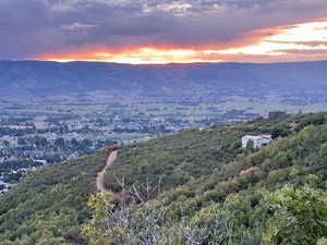 Aerial view at dusk with a mountain view