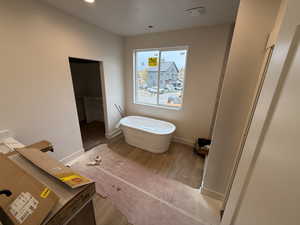 Bathroom with wood-type flooring and a bathtub