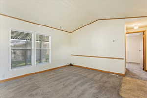 Carpeted empty room featuring ornamental molding and vaulted ceiling