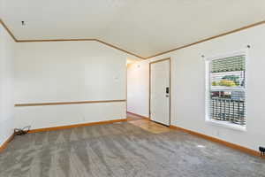 Unfurnished room with carpet, vaulted ceiling, and crown molding