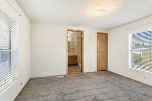 Unfurnished bedroom featuring multiple windows, ensuite bathroom, a closet, and carpet flooring