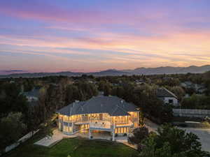 Aerial view at dusk with a mountain view