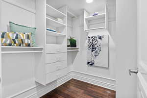 Walk in closet with wood-type flooring