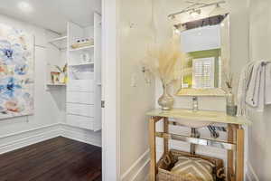 Walk in closet with hardwood / wood-style flooring and sink