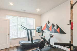 Workout room featuring hardwood / wood-style flooring