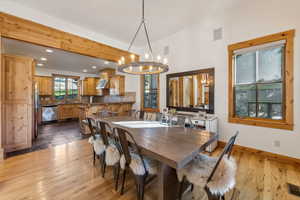 Dining room featuring dark wood-type flooring, sink, and a chandelier