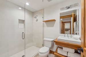 Bathroom featuring vanity, toilet, and an enclosed shower