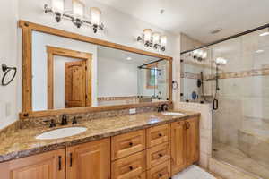 Bathroom with vanity and an enclosed shower